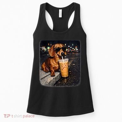Funny Dachshund Drinking Iced Coffee Women's Tank Top