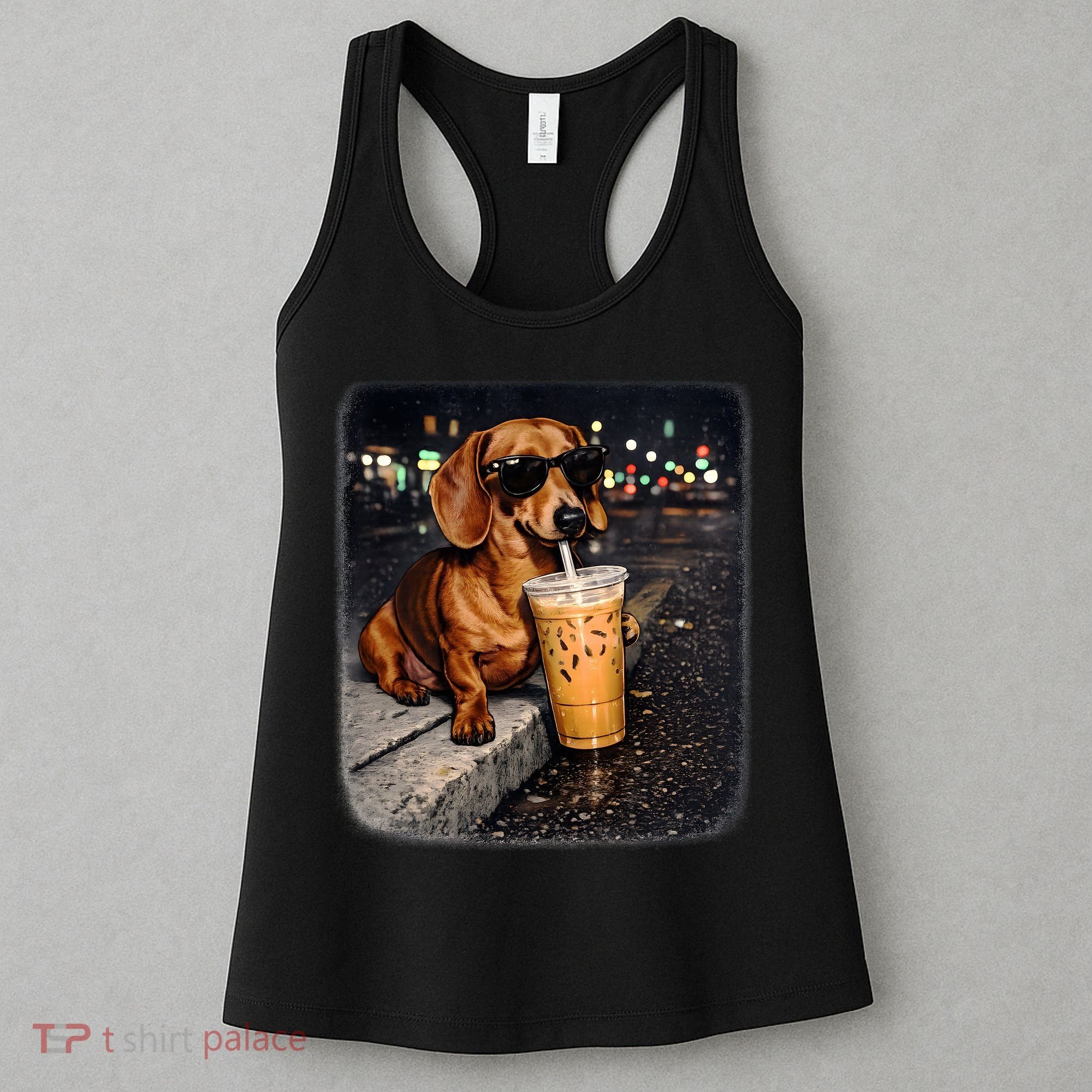Funny Dachshund Drinking Iced Coffee Women's Tank Top