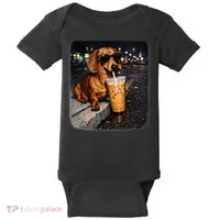 Funny Dachshund Drinking Iced Coffee Baby Bodysuit thumb 0