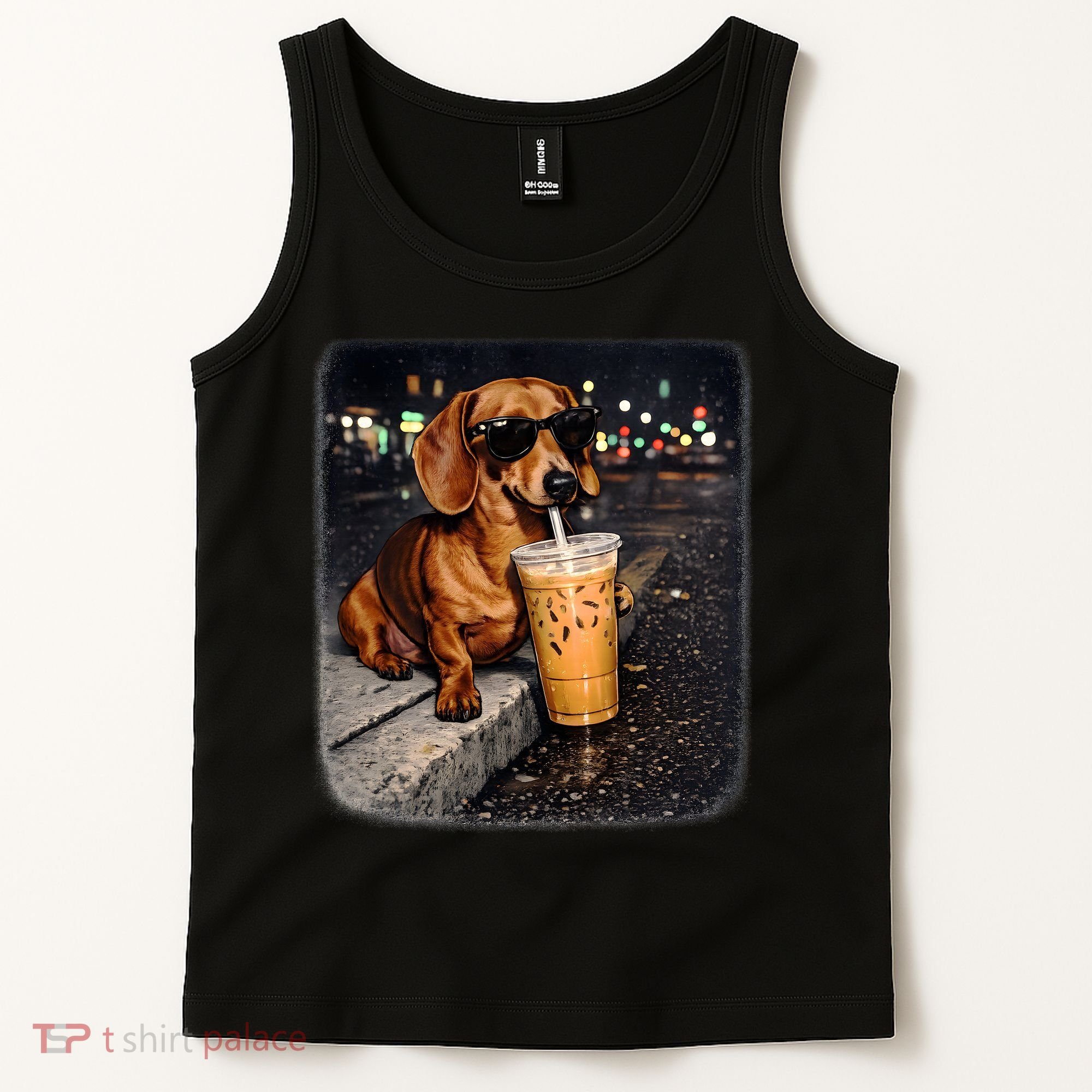 Funny Dachshund Drinking Iced Coffee Tank Top