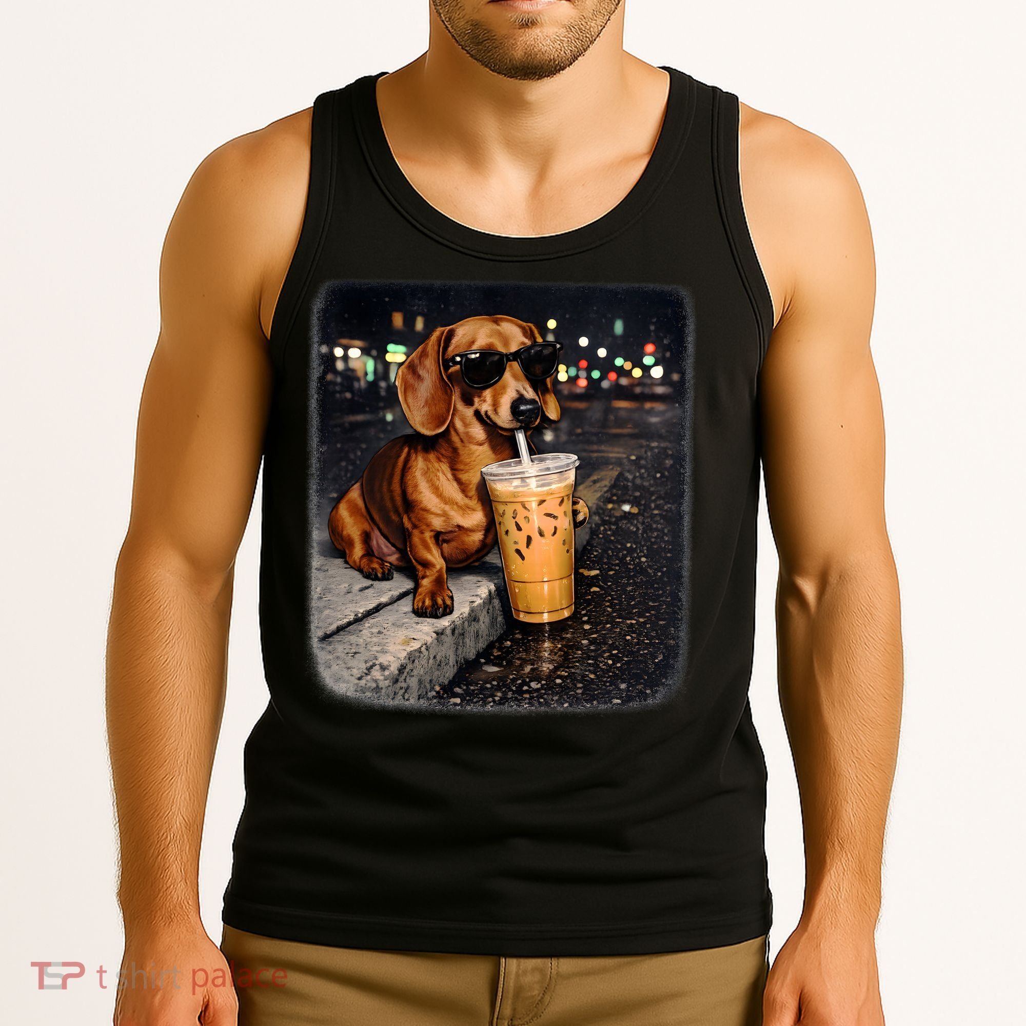 Funny Dachshund Drinking Iced Coffee Tank Top