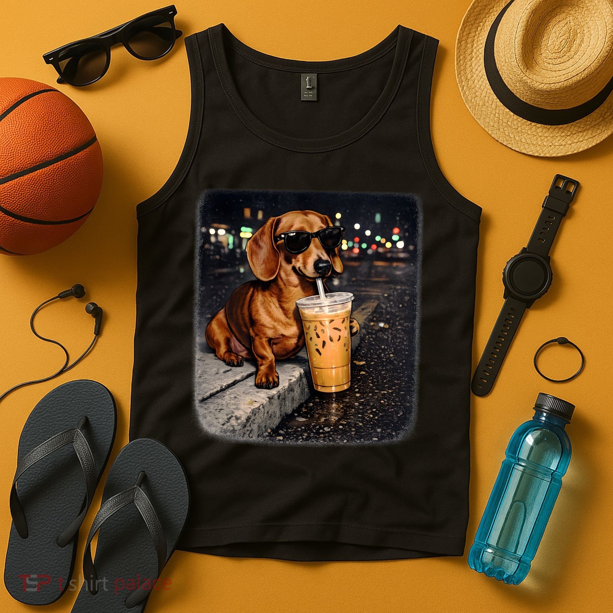 Funny Dachshund Drinking Iced Coffee Tank Top