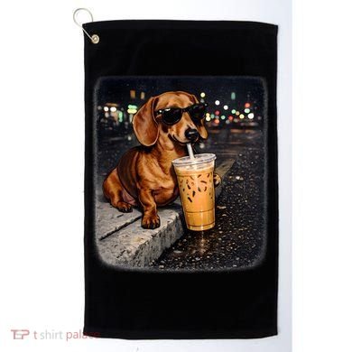 Funny Dachshund Drinking Iced Coffee Golf Towel
