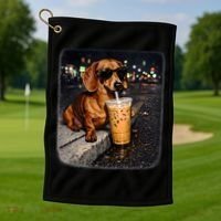 Funny Dachshund Drinking Iced Coffee Golf Towel thumb 1
