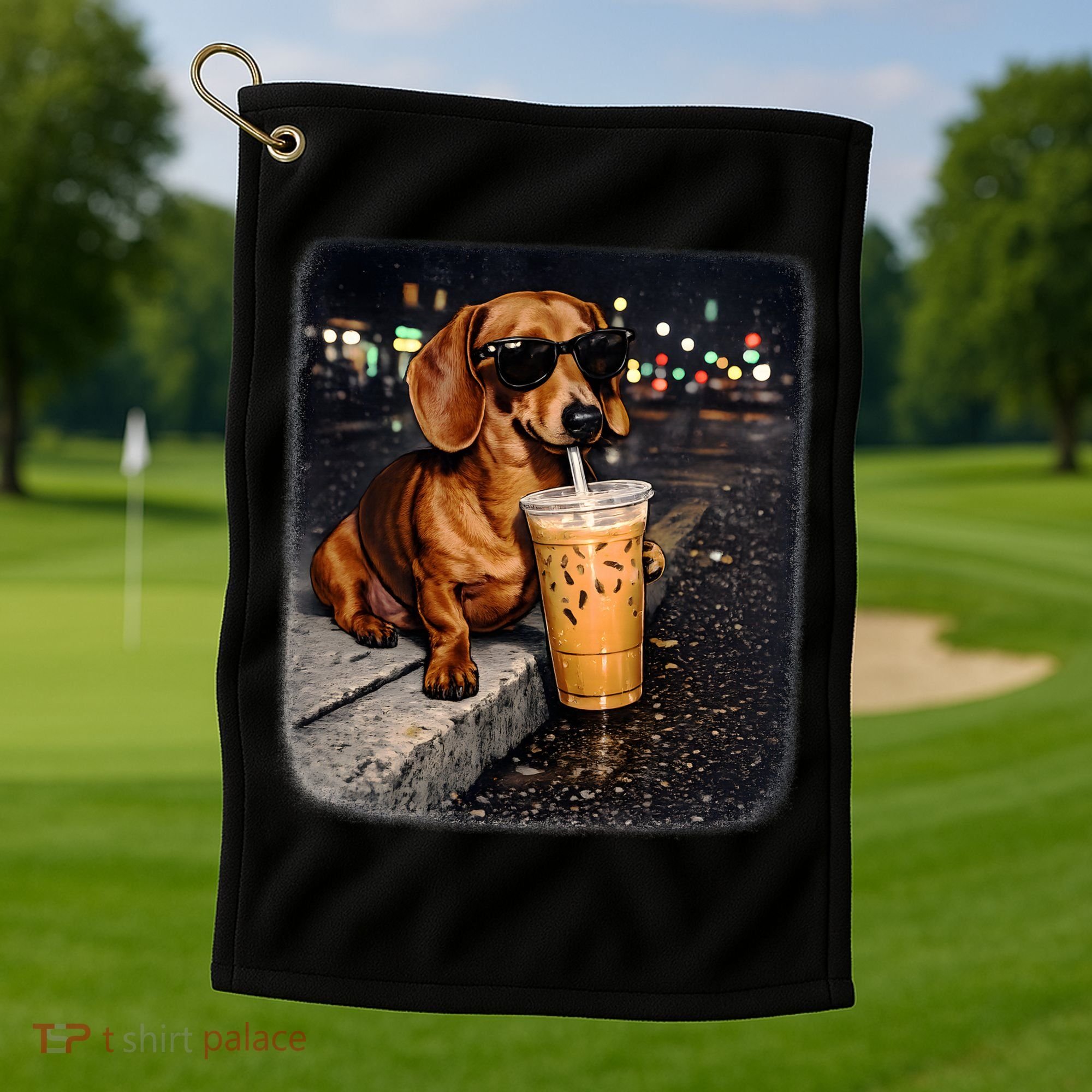 Funny Dachshund Drinking Iced Coffee Golf Towel