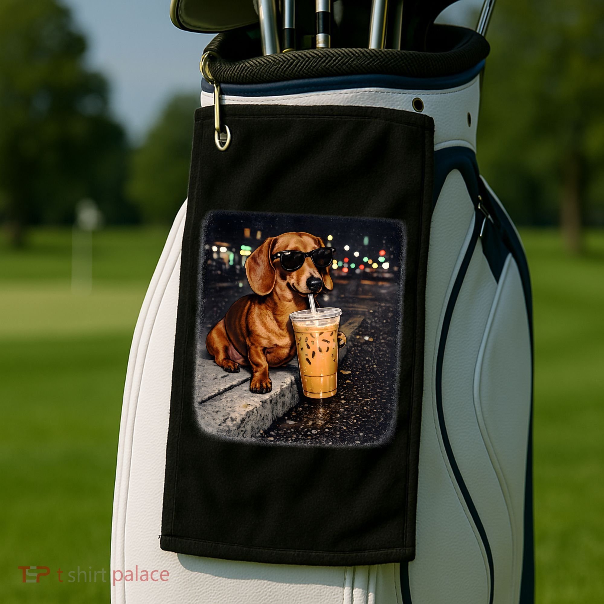 Funny Dachshund Drinking Iced Coffee Golf Towel