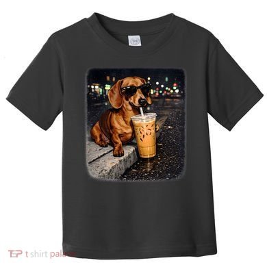 Funny Dachshund Drinking Iced Coffee Toddler T-Shirt