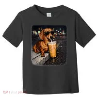 Funny Dachshund Drinking Iced Coffee Toddler T-Shirt thumb 0