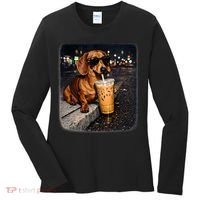 Funny Dachshund Drinking Iced Coffee Women's Long Sleeve Shirt thumb 0