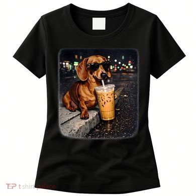 Funny Dachshund Drinking Iced Coffee Women's T-Shirt