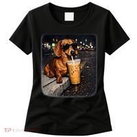 Funny Dachshund Drinking Iced Coffee Women's T-Shirt thumb 0