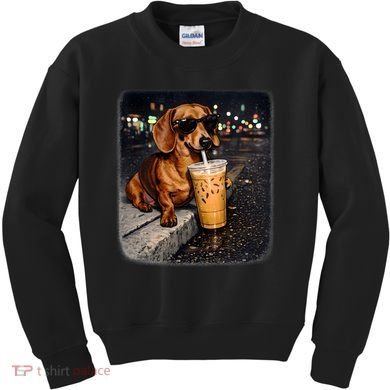 Funny Dachshund Drinking Iced Coffee Kids Sweatshirt