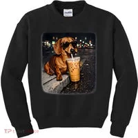 Funny Dachshund Drinking Iced Coffee Kids Sweatshirt thumb 0