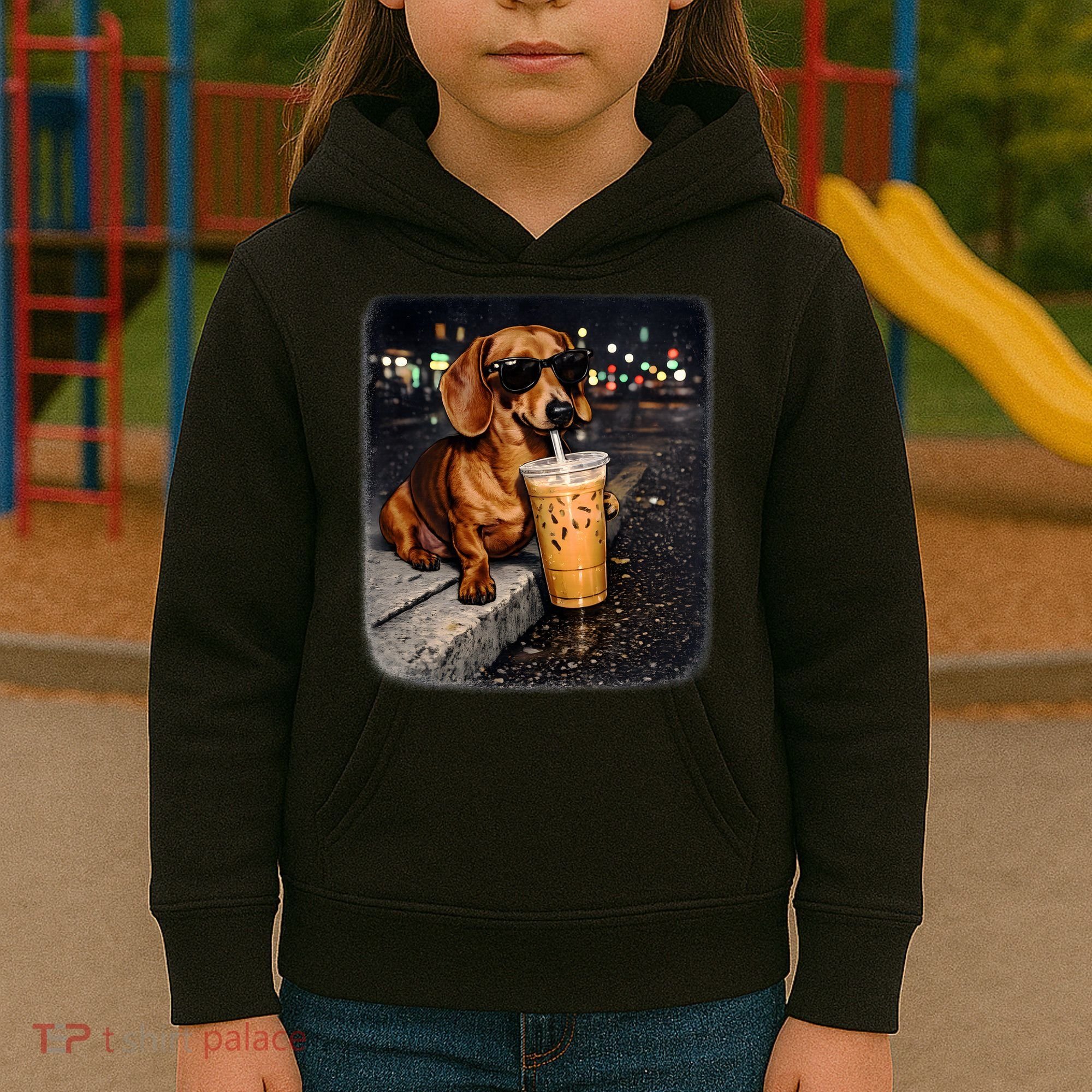 Funny Dachshund Drinking Iced Coffee Kids Hoodie