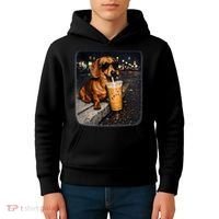 Funny Dachshund Drinking Iced Coffee Kids Hoodie thumb 4
