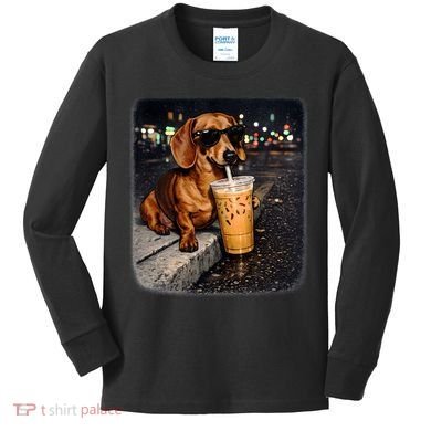 Funny Dachshund Drinking Iced Coffee Kids Long Sleeve Shirt