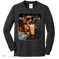 Funny Dachshund Drinking Iced Coffee Kids Long Sleeve Shirt thumb 0