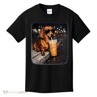 Funny Dachshund Drinking Iced Coffee Kids T-Shirt