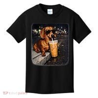 Funny Dachshund Drinking Iced Coffee Kids T-Shirt thumb 0