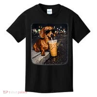 Funny Dachshund Drinking Iced Coffee Kids T-Shirt thumb 0