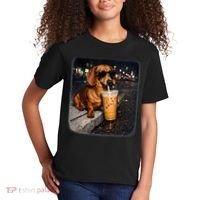 Funny Dachshund Drinking Iced Coffee Kids T-Shirt thumb 2