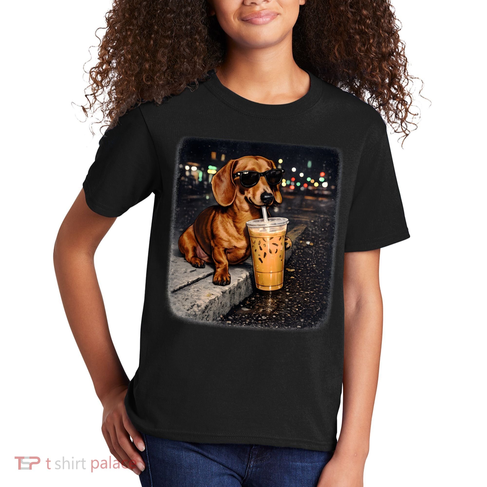 Funny Dachshund Drinking Iced Coffee Kids T-Shirt