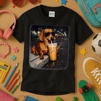 Funny Dachshund Drinking Iced Coffee Kids T-Shirt thumb 3