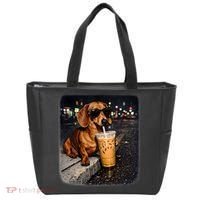 Funny Dachshund Drinking Iced Coffee Tote Bag thumb 0