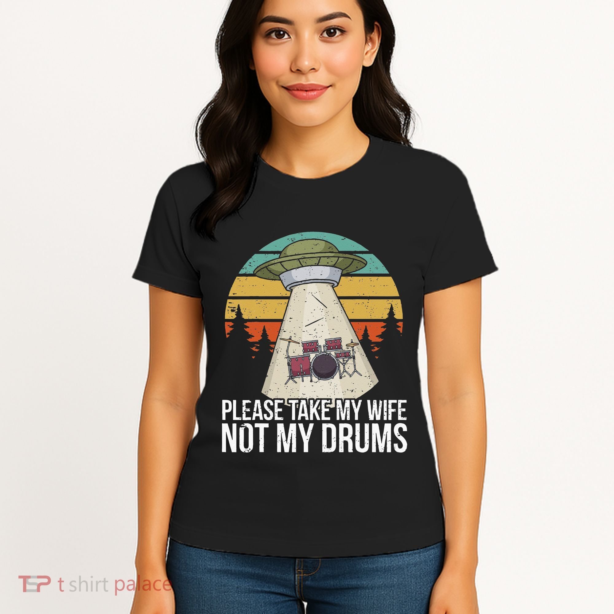 Funny Drummer Drumming Drum Kit Percussion I Wife Ufo Aliens Women's T-Shirt