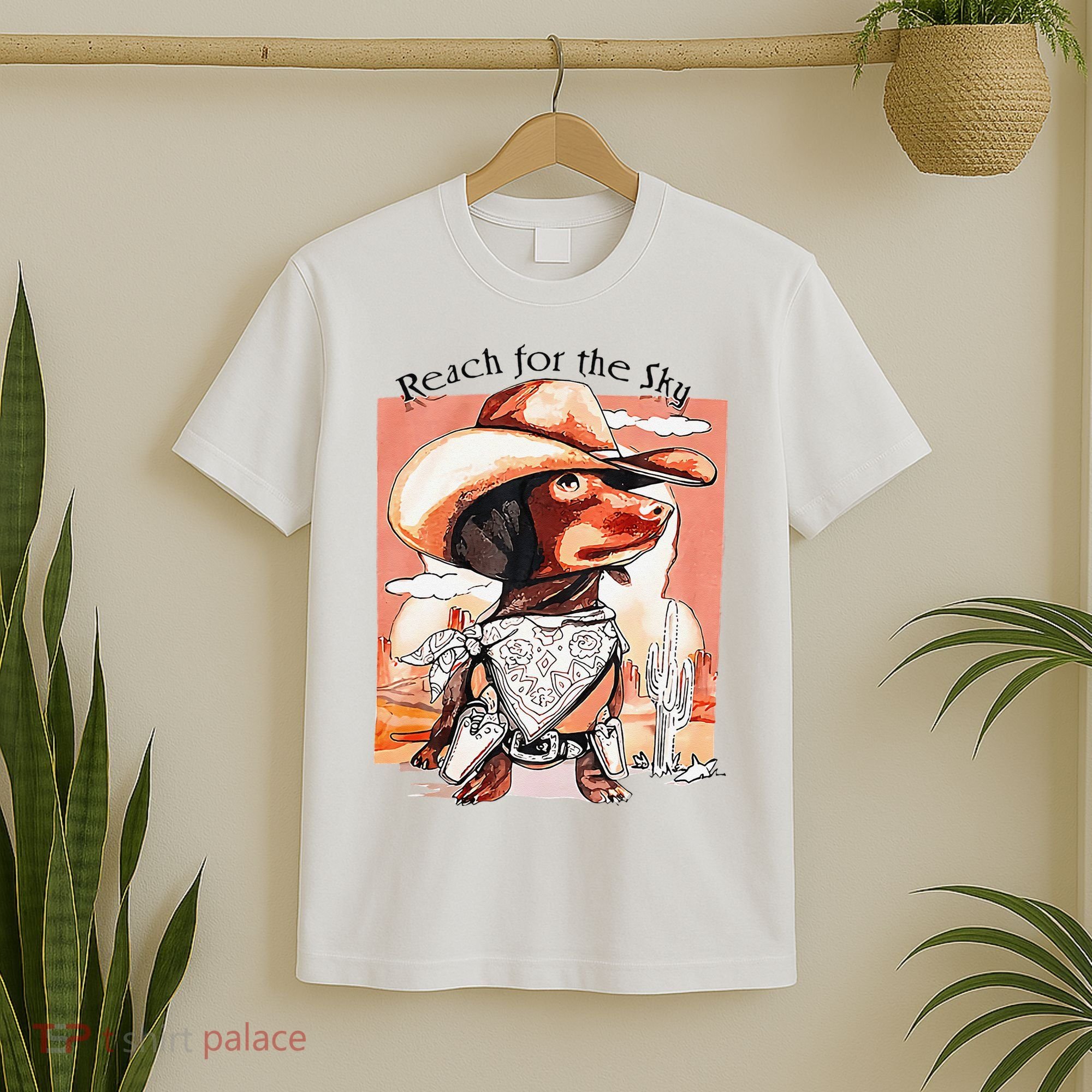 Funny Dachshund Dog Cow Hat Reach Sky Western Puppy Retro T-Shirt