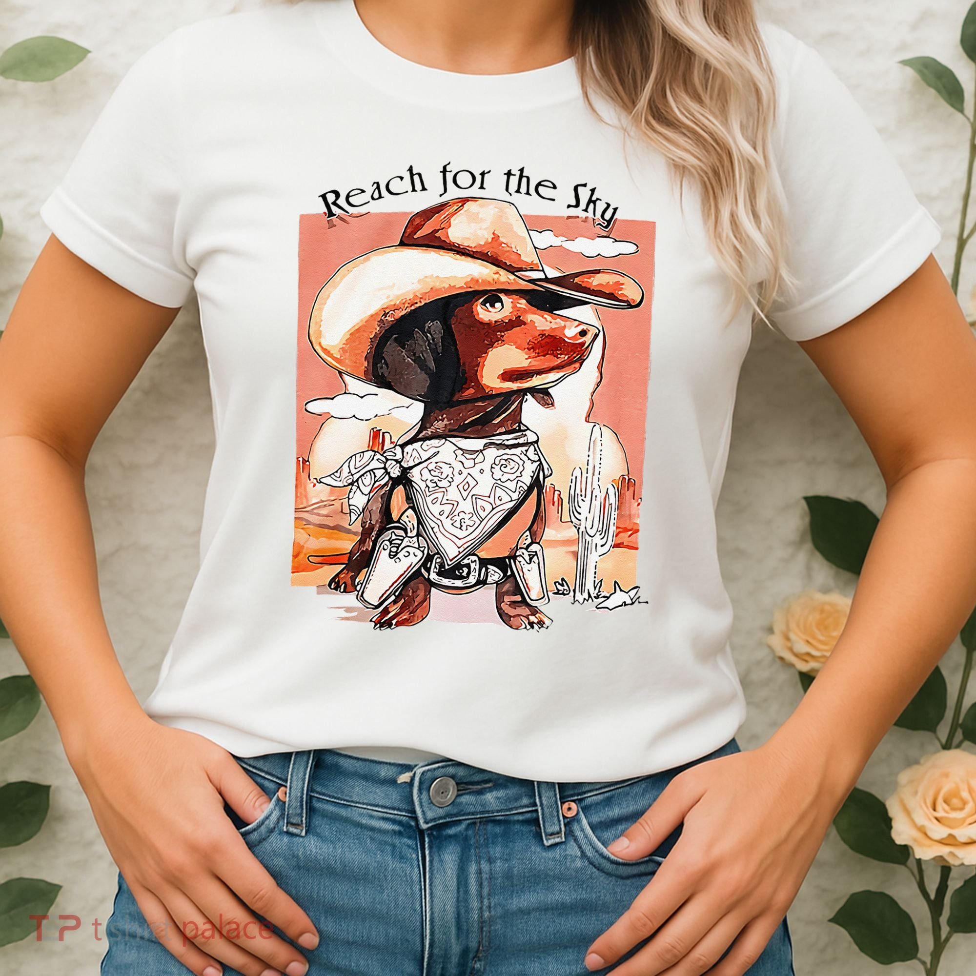 Funny Dachshund Dog Cow Hat Reach Sky Western Puppy Retro Women's T-Shirt