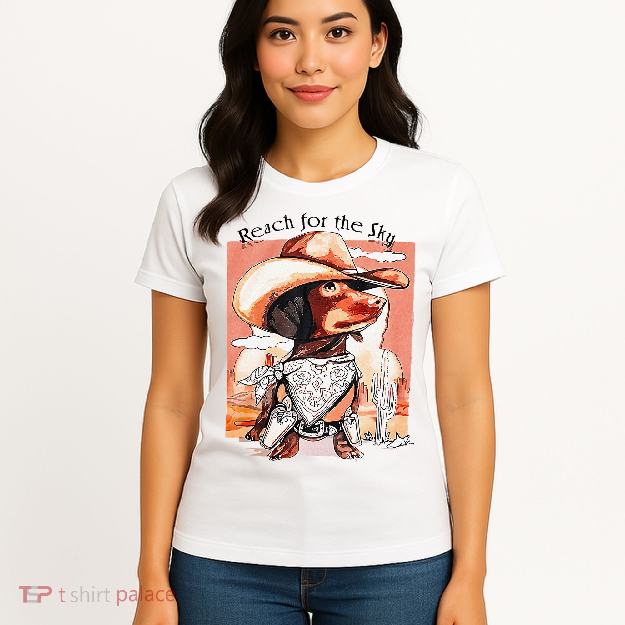 Funny Dachshund Dog Cow Hat Reach Sky Western Puppy Retro Women's T-Shirt