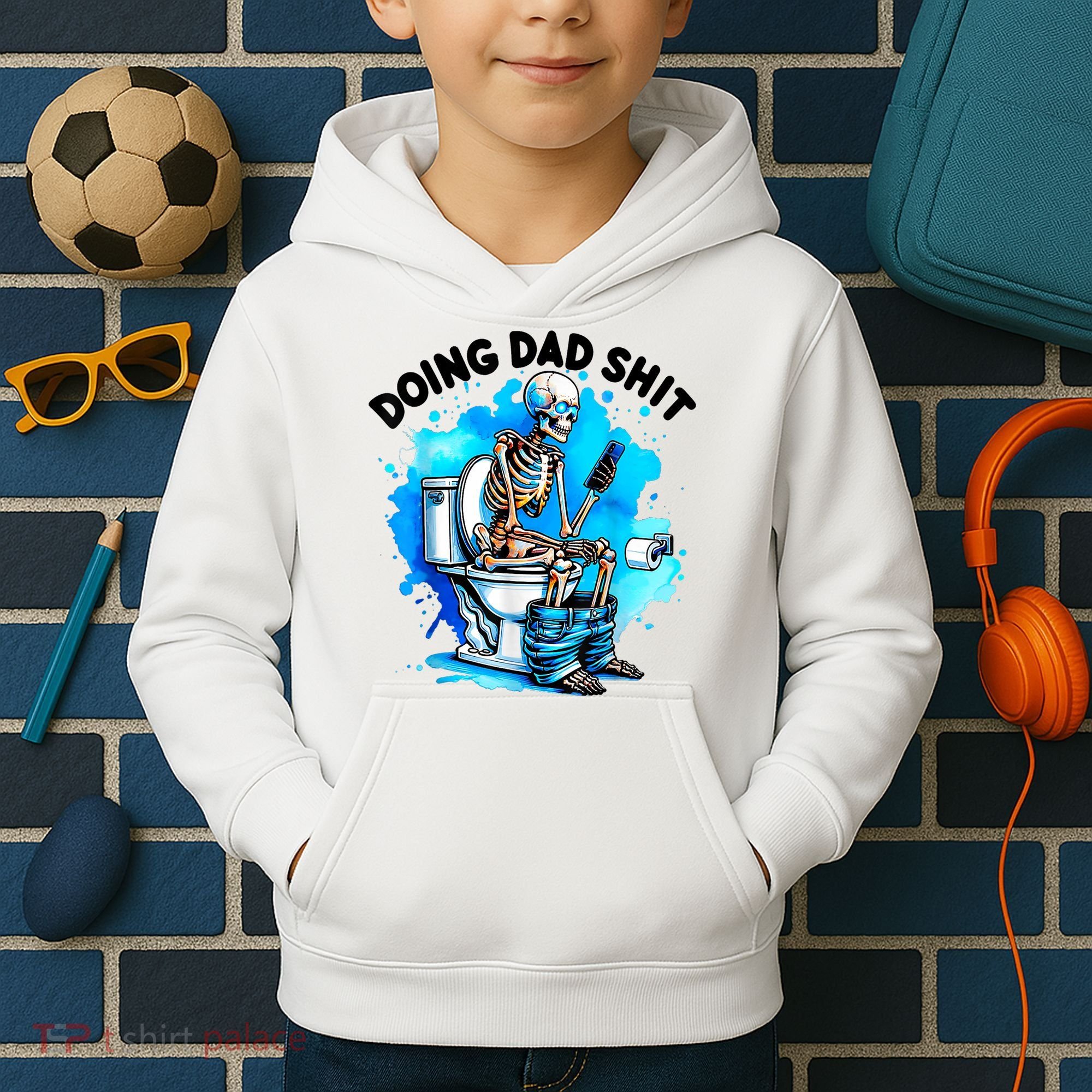 Funny Doing Dad Shit Skeleton Toilet Gift For Dad Kids Hoodie