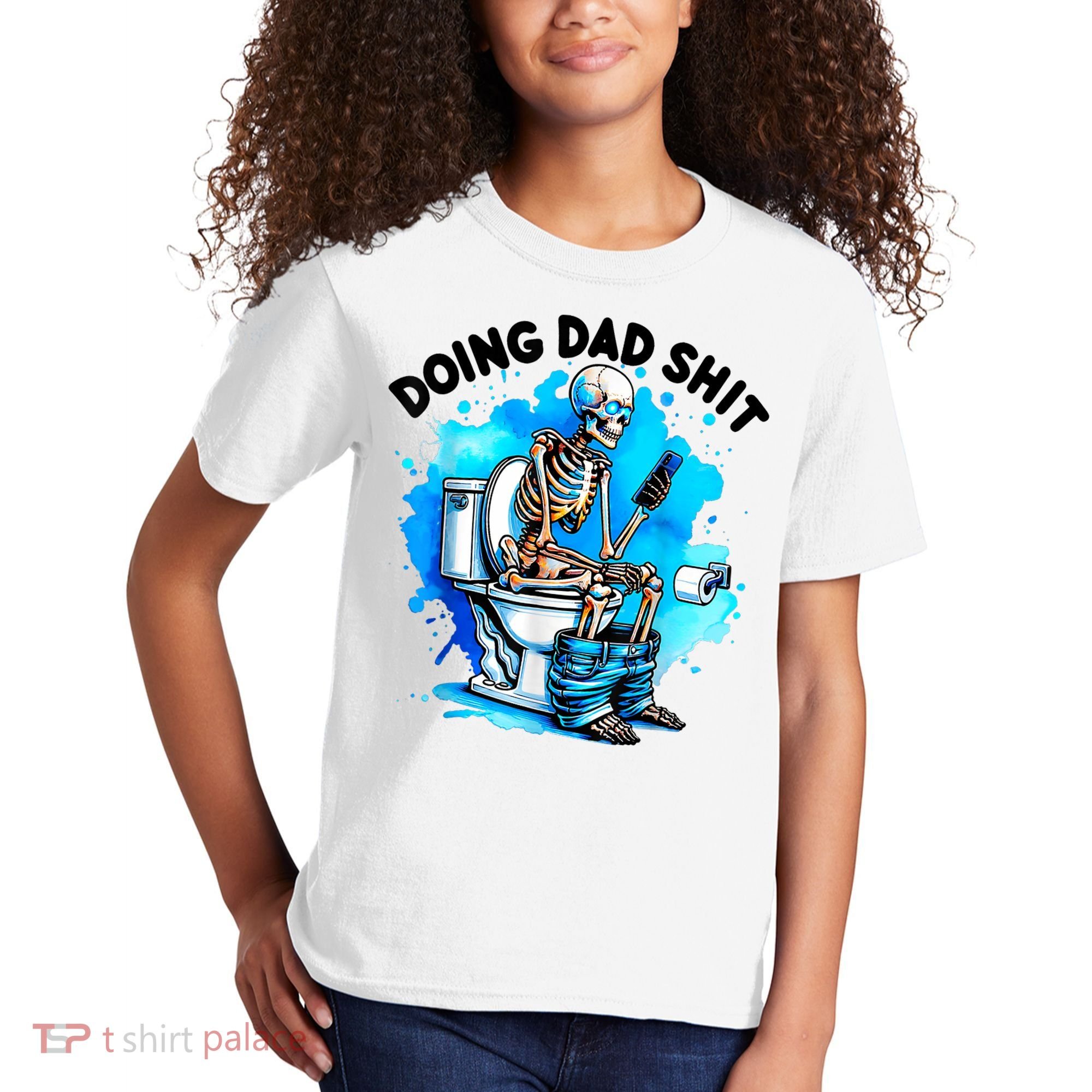 Funny Doing Dad Shit Skeleton Toilet Gift For Dad Kids T-Shirt