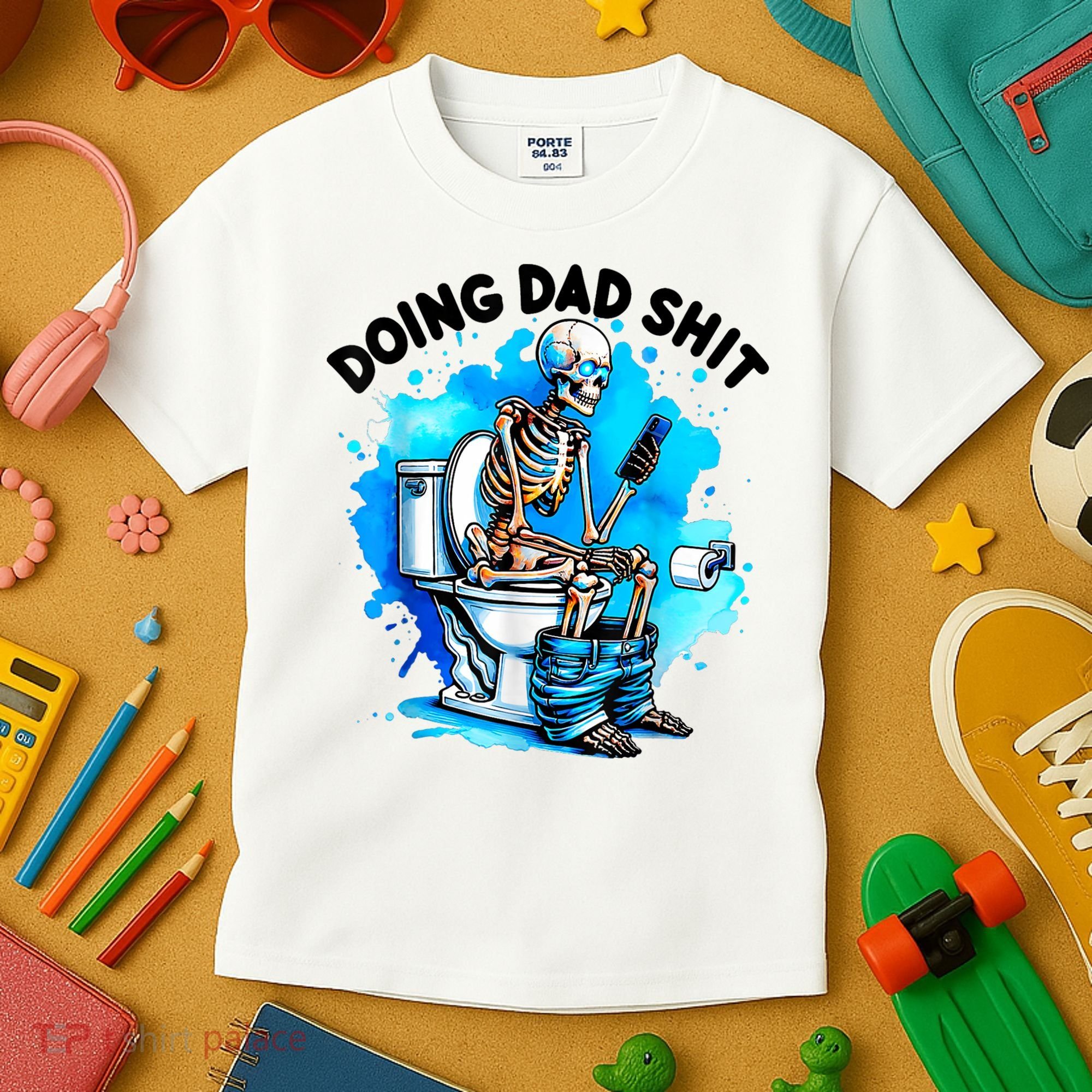 Funny Doing Dad Shit Skeleton Toilet Gift For Dad Kids T-Shirt