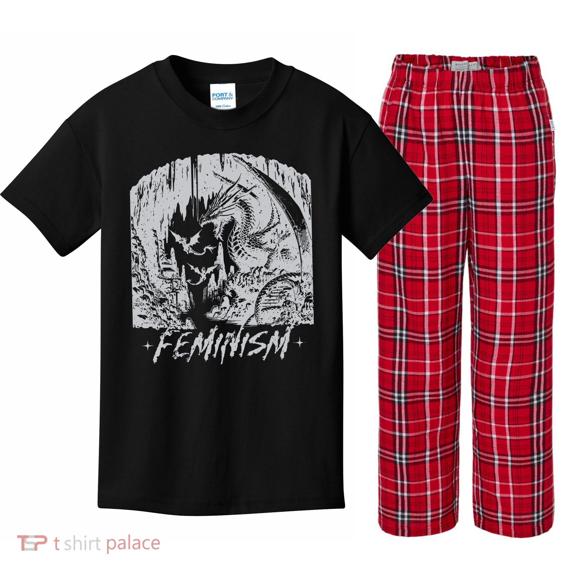 Feminism Dragon Fantasy Kids Plaid Pajama Set
