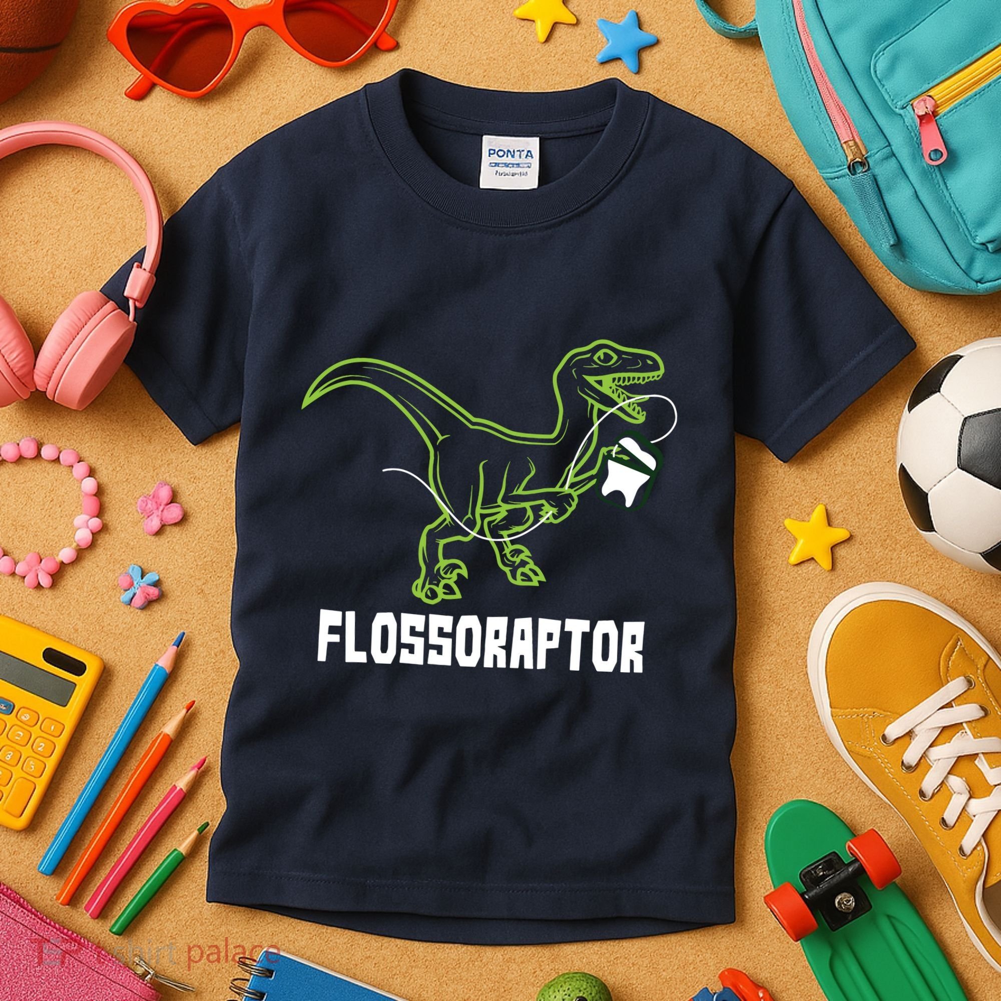 Flossoraptor Dinosaur Funny Pediatric Dentist Kids T-Shirt