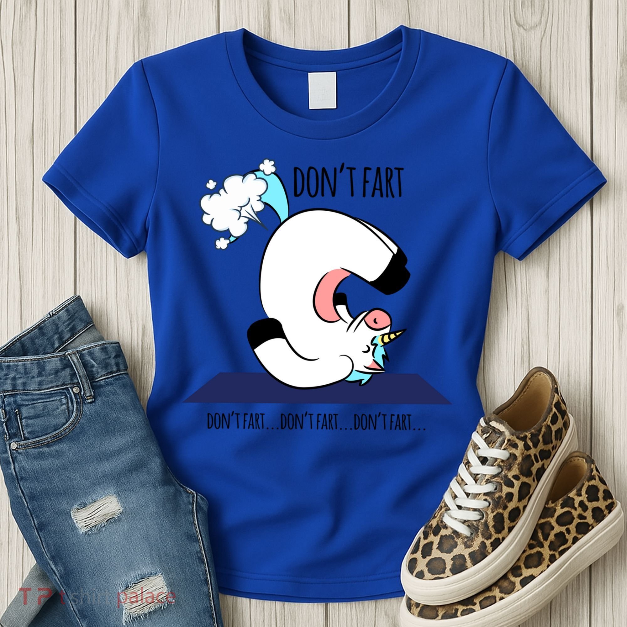 Funny Don't Fart Unicorn Doing Yoga Workout Pose Gift Women's T-Shirt