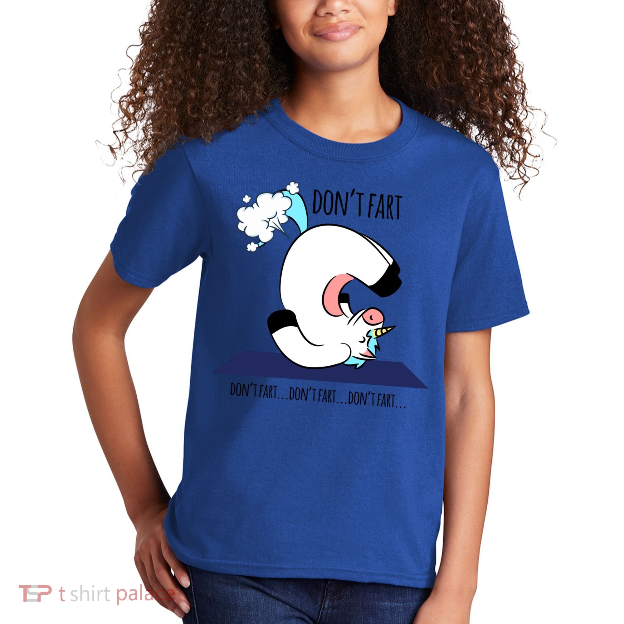 Funny Don't Fart Unicorn Doing Yoga Workout Pose Gift Kids T-Shirt
