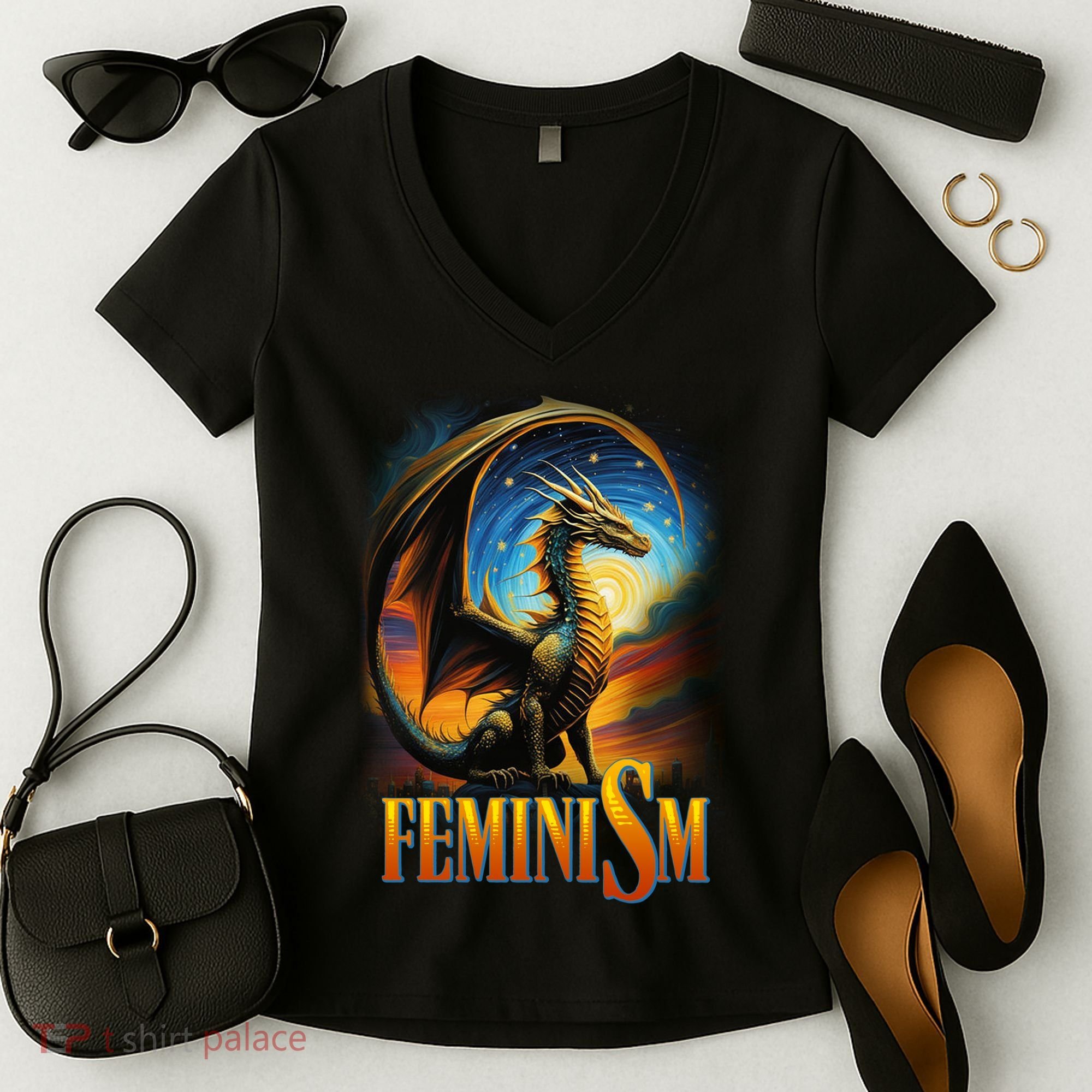 Feminism Dragon Fantasy Women's V-Neck T-Shirt