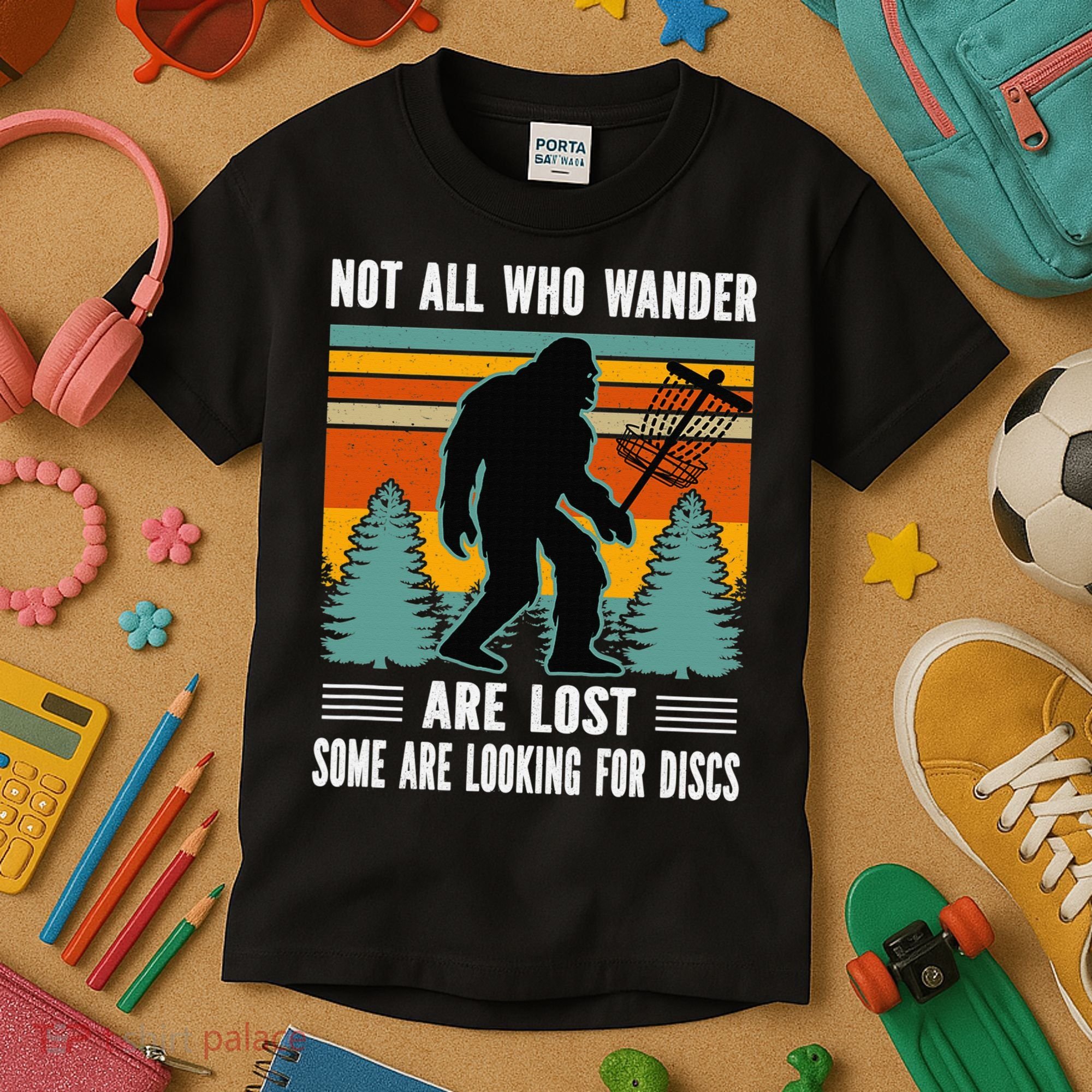 Frisbee Disc Golfing Funny Bigfoot Looking For Discs Kids T-Shirt