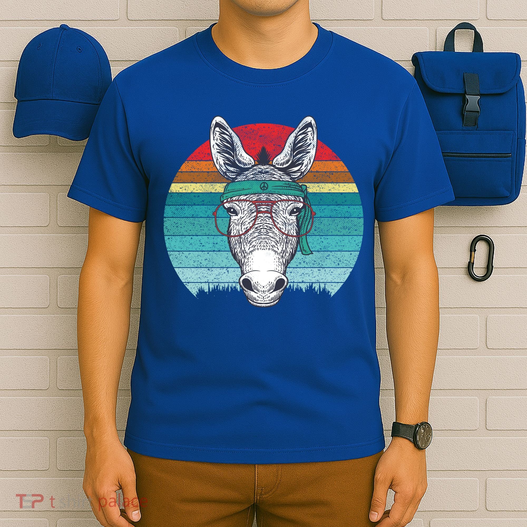 Funny Donkey Gift Vintage Donkey With Glasses Retro Sunset Funny Gift T-Shirt