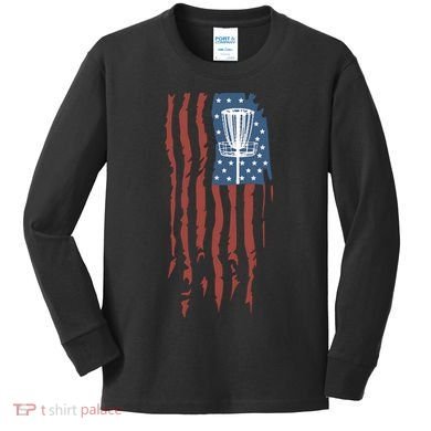 Funny Disc Golf American Flag Disc Frisbee Golf Kids Long Sleeve Shirt
