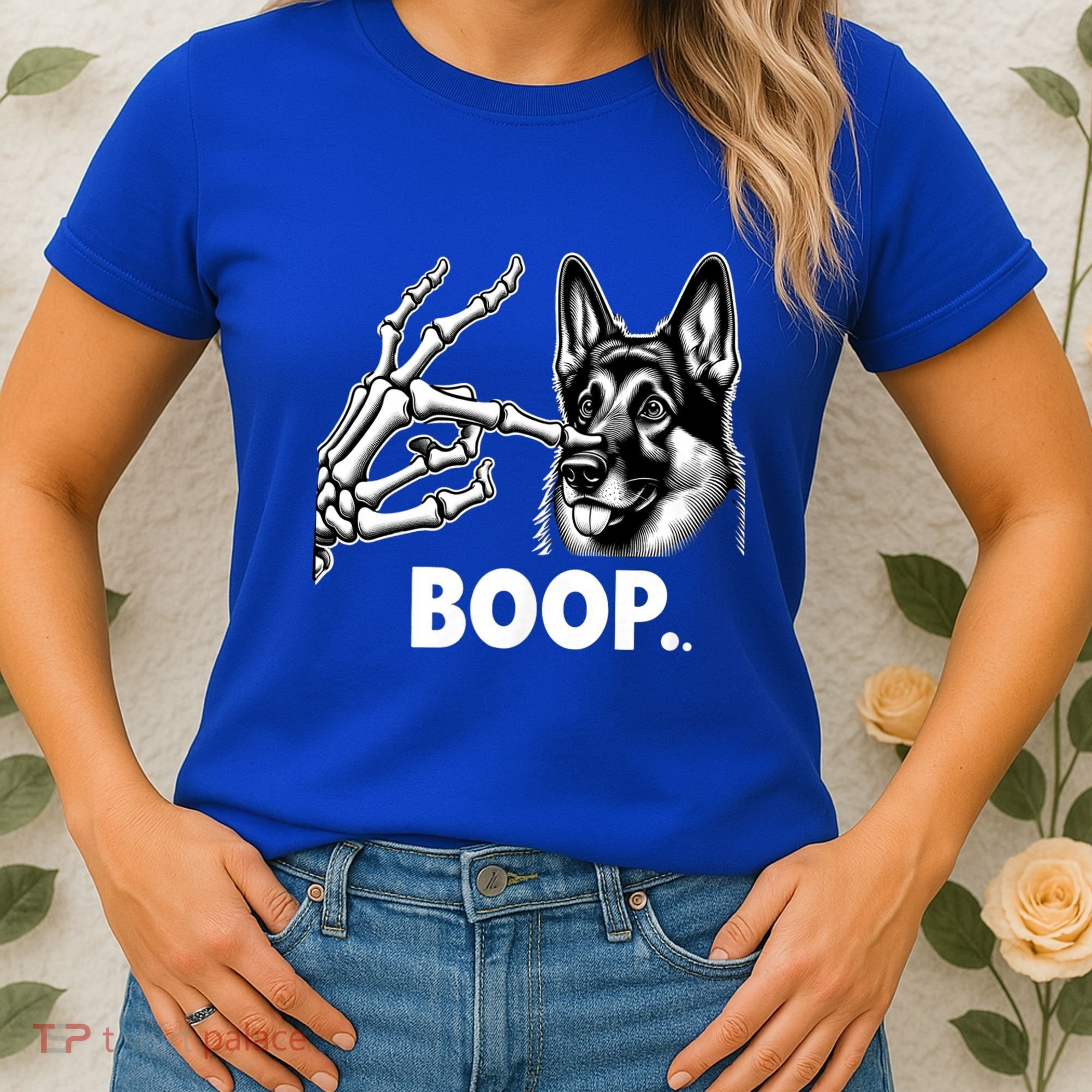 Funny Dog German Shepherd Skeleton Hand Boop Costume Women's T-Shirt