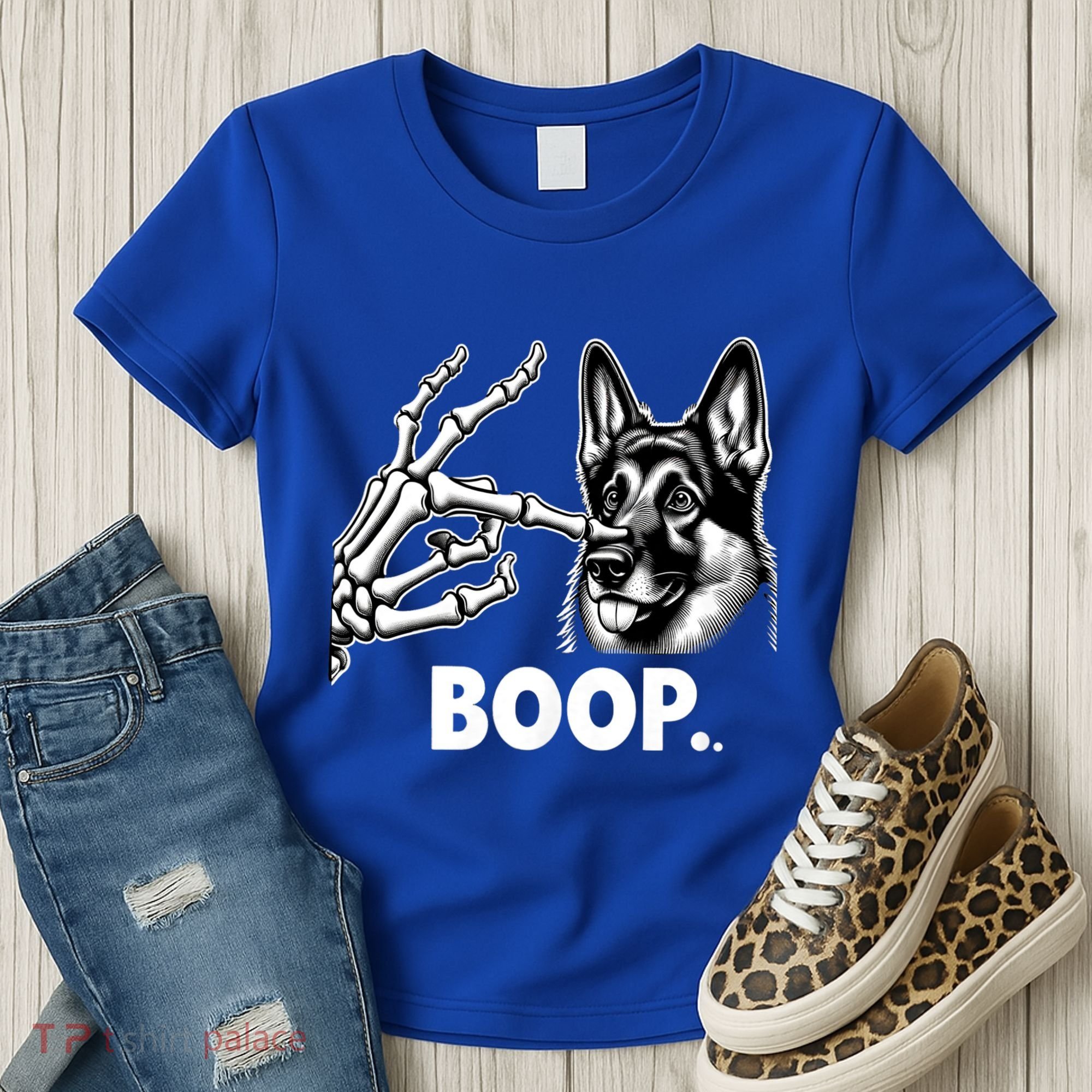 Funny Dog German Shepherd Skeleton Hand Boop Costume Women's T-Shirt