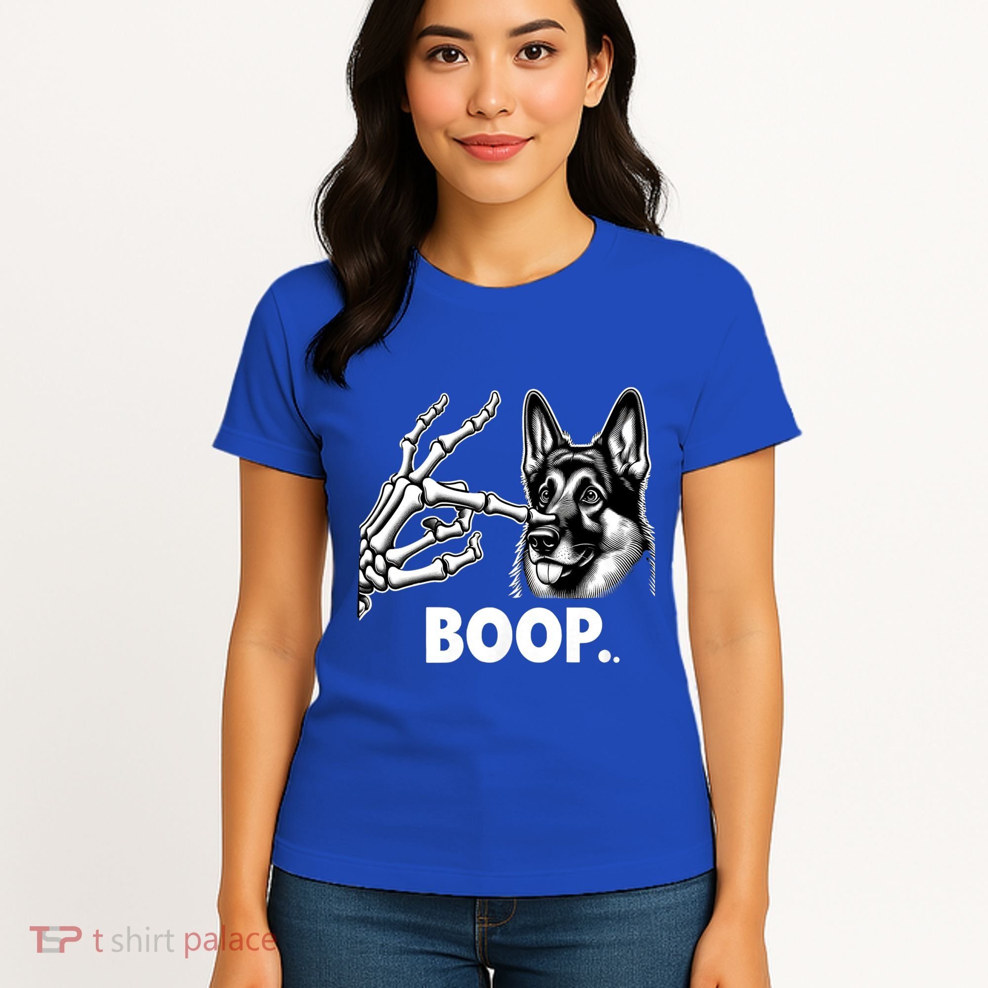 Funny Dog German Shepherd Skeleton Hand Boop Costume Women's T-Shirt