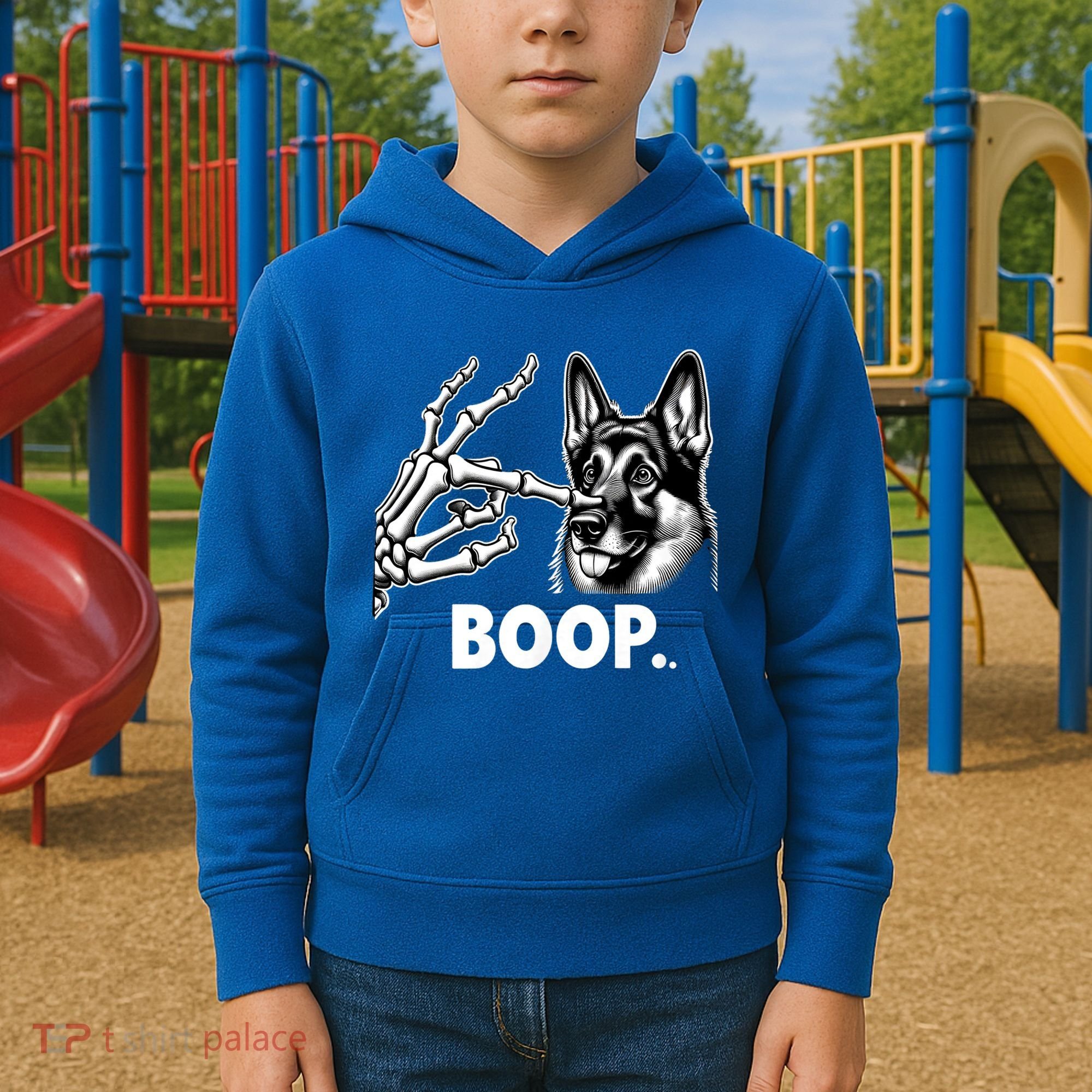 Funny Dog German Shepherd Skeleton Hand Boop Costume Kids Hoodie