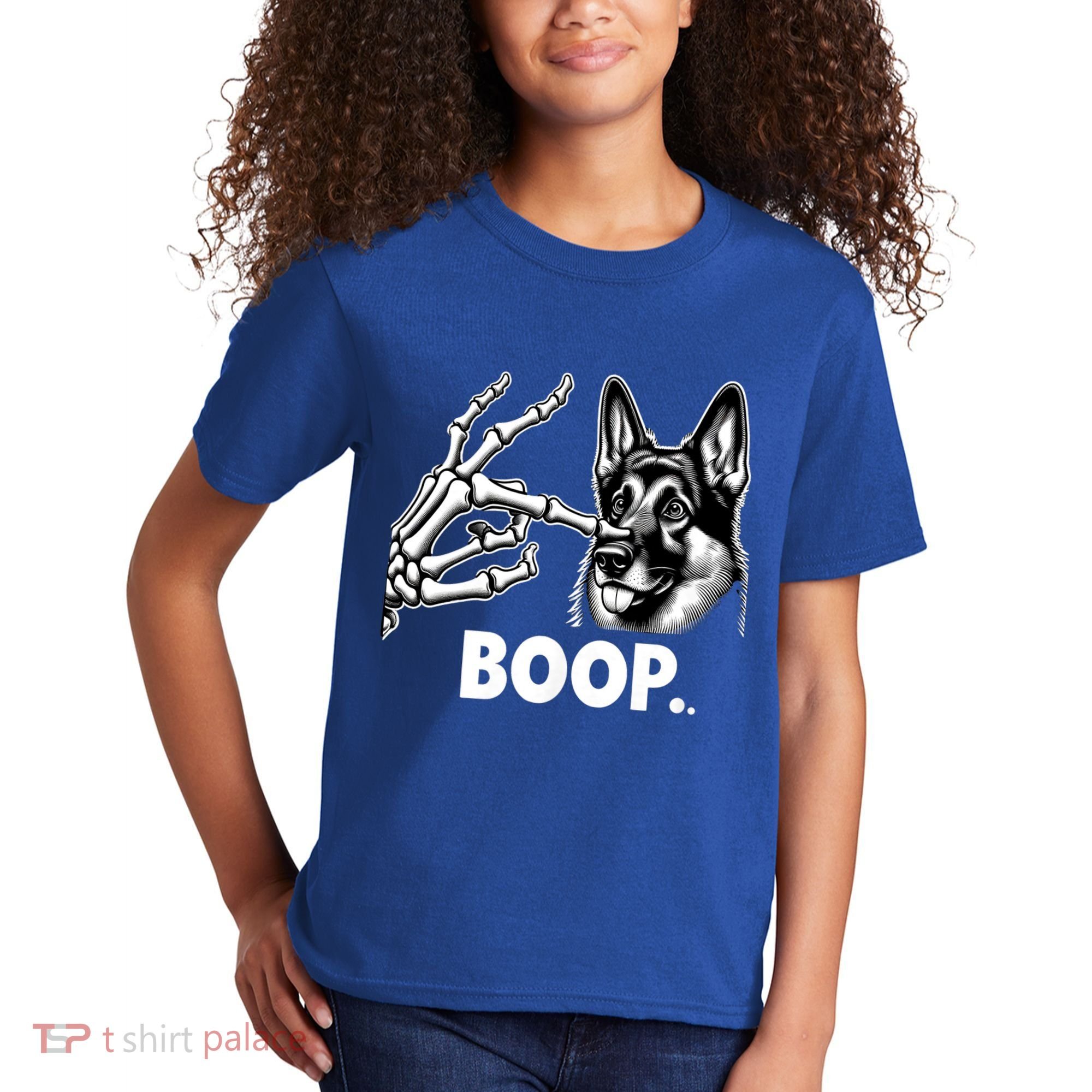 Funny Dog German Shepherd Skeleton Hand Boop Costume Kids T-Shirt