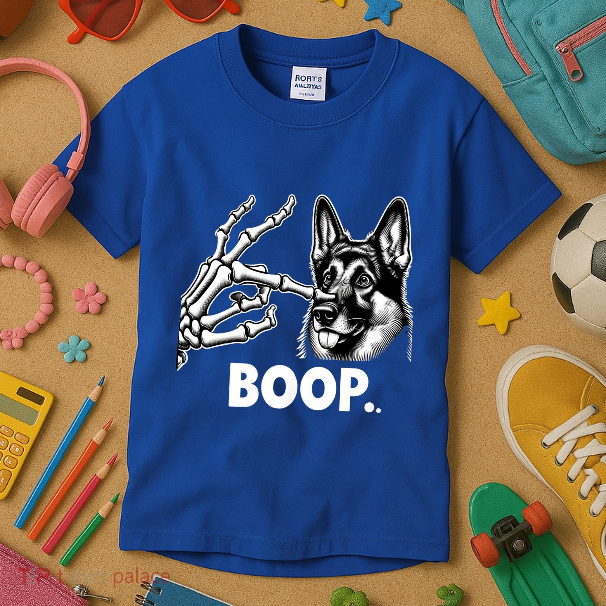 Funny Dog German Shepherd Skeleton Hand Boop Costume Kids T-Shirt