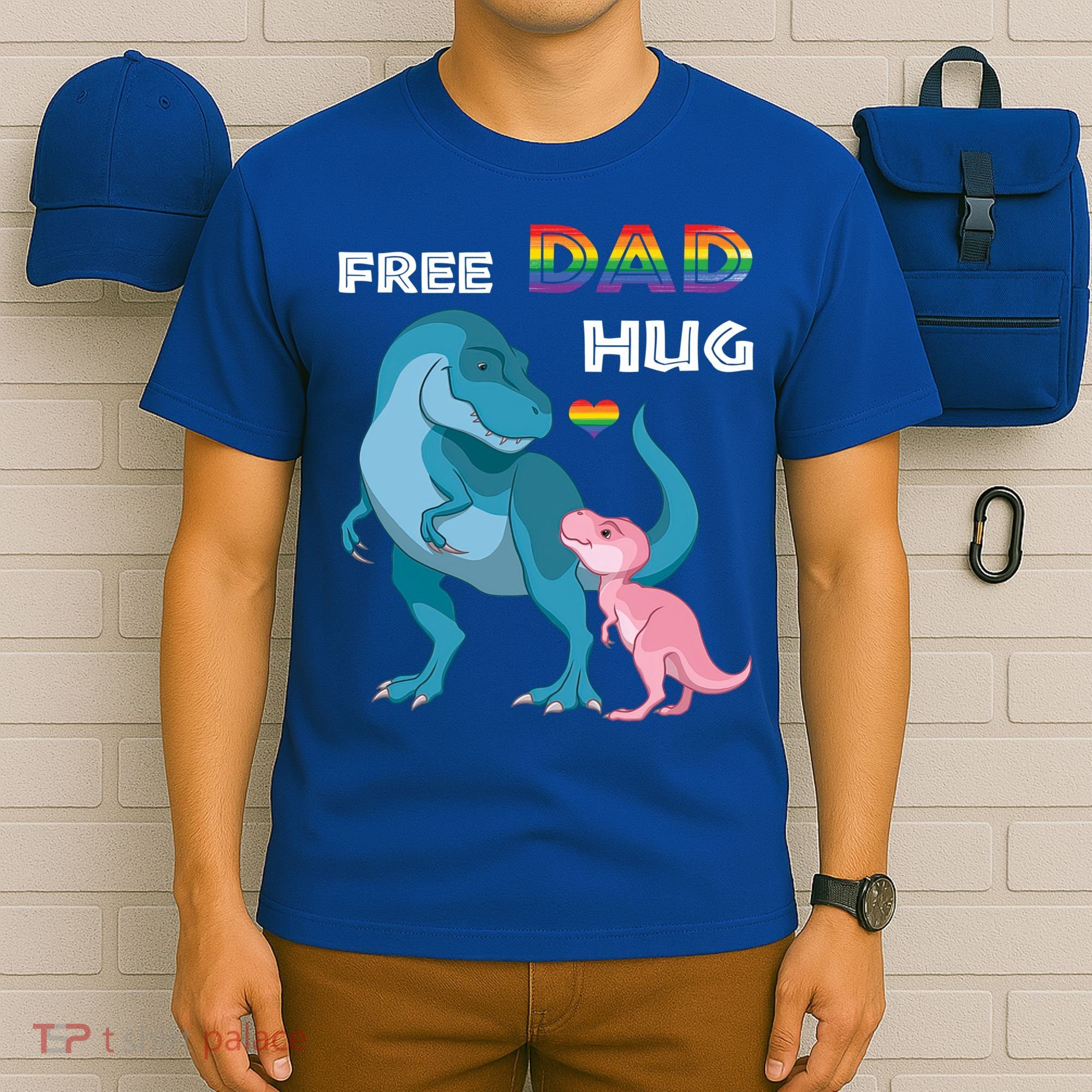 Free Dad Hugs Dinosaur Rainbow Lgbt Pride Month Fathers Day Gift T-Shirt